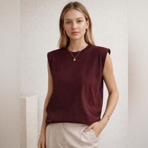 Zara Burgundy Padded Shoulder Muscle Tee Minimalist Top Size S
